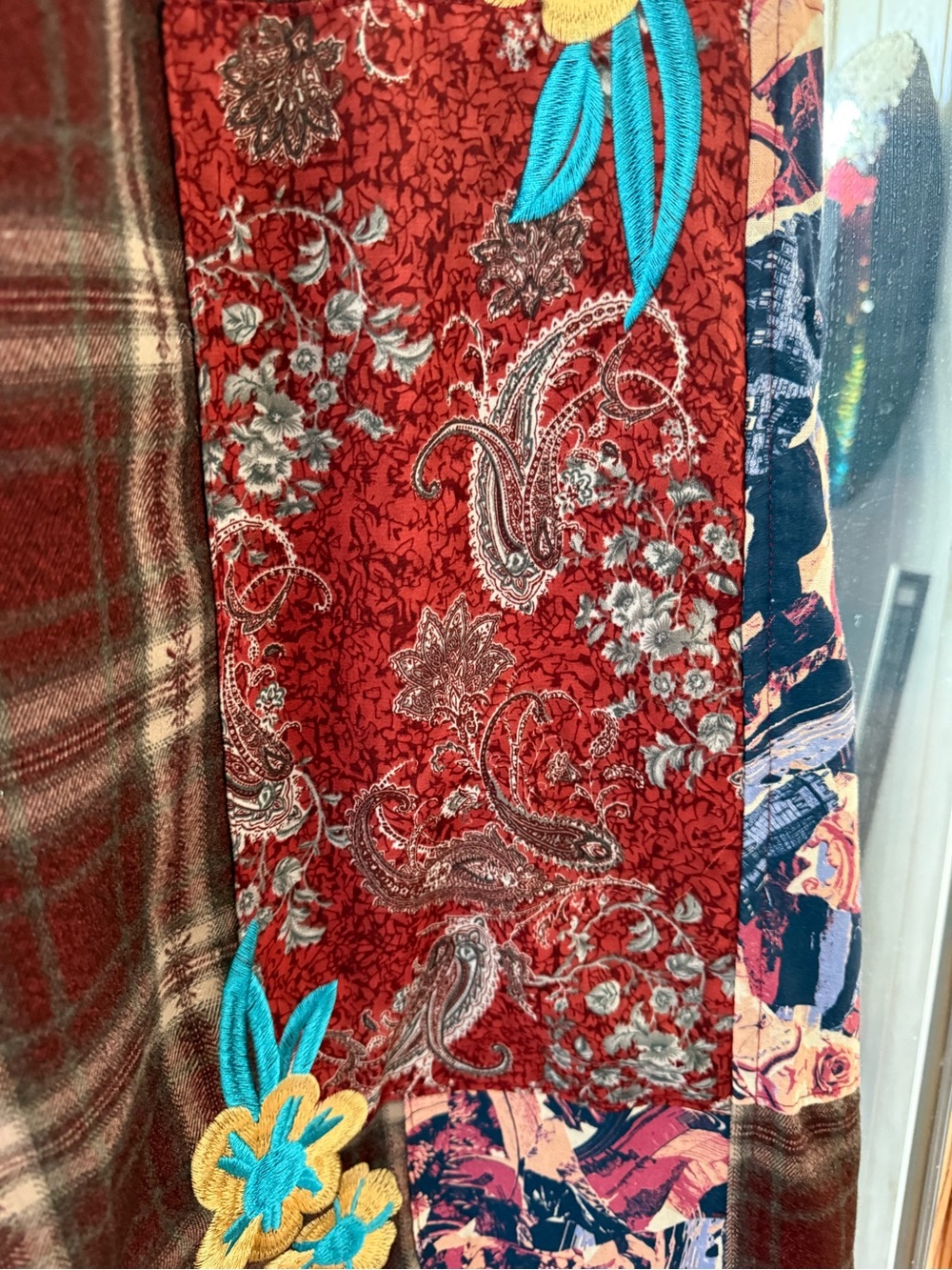 AKIRA Brown/Red Plaid Wide-Leg Pants with Floral Patchwork - Picture 8 of 13
